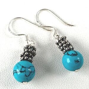 Handmade Stone Earrings Blue Howlite Bead 925 Sterling Silver Drop Dangles